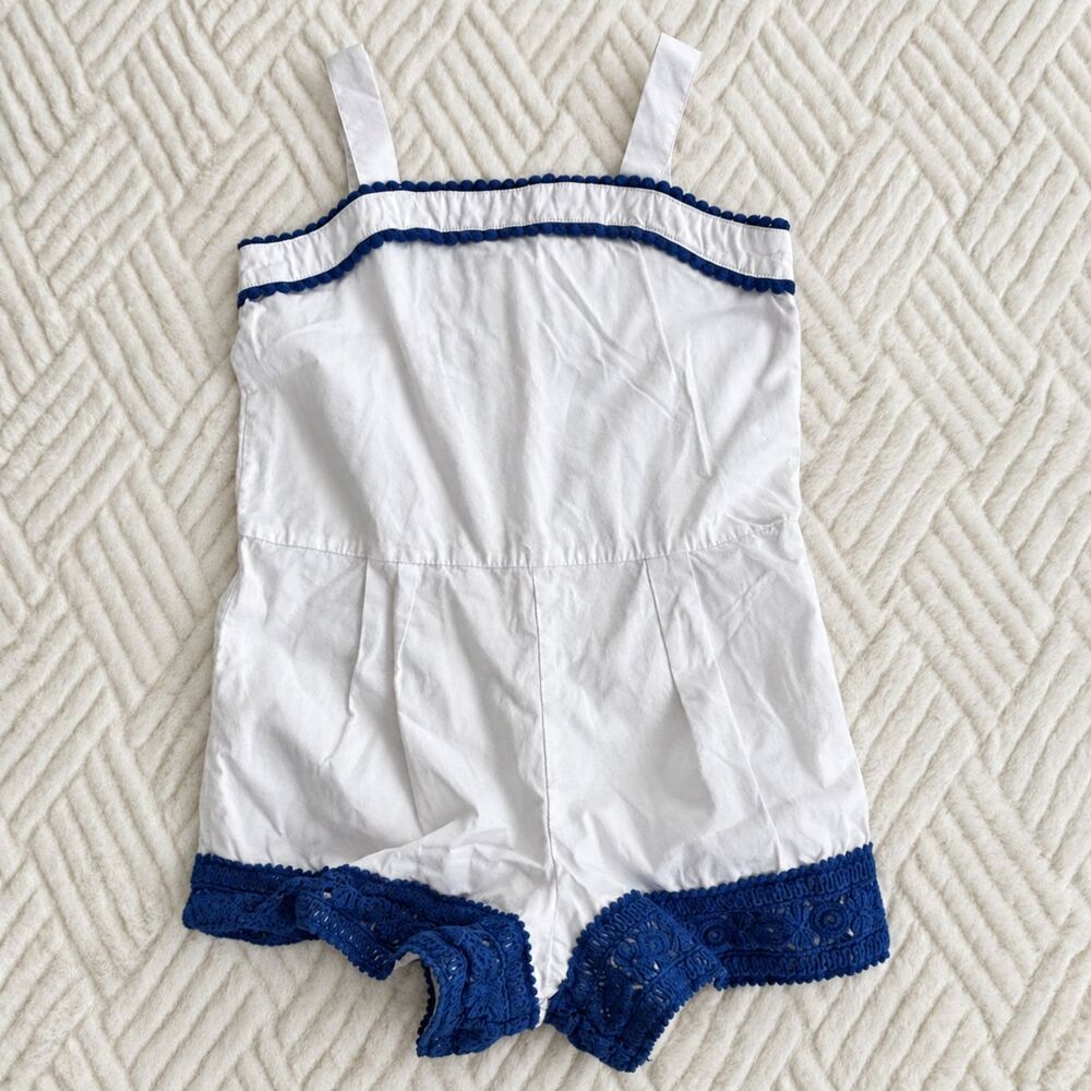 Janie and Jack Girls White Blue Trim Romper Size 7 NWOT Summer Eyelet Lace